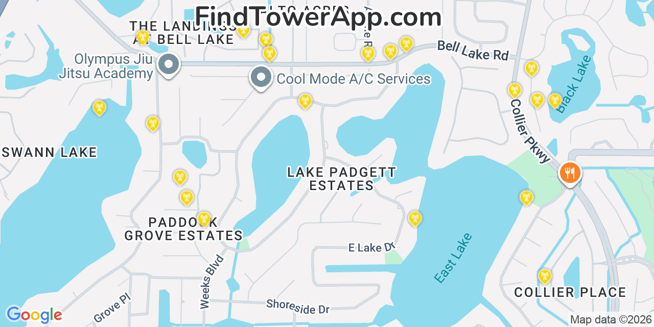 Map showing the 20 primary cell tower locations detected in Land O  Lakes, Florida from AT&T, Verizon, and T-Mobile networks