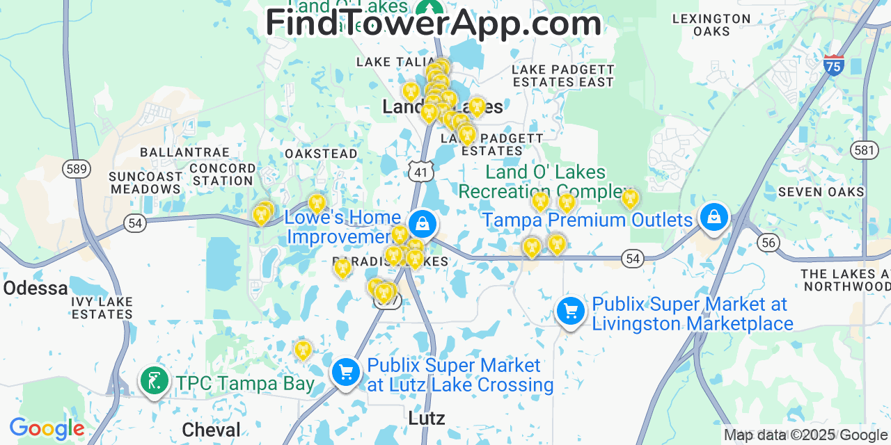Map showing the 38 primary T-Mobile cell tower locations detected in Land O  Lakes, Florida with coverage radius and signal strength indicators