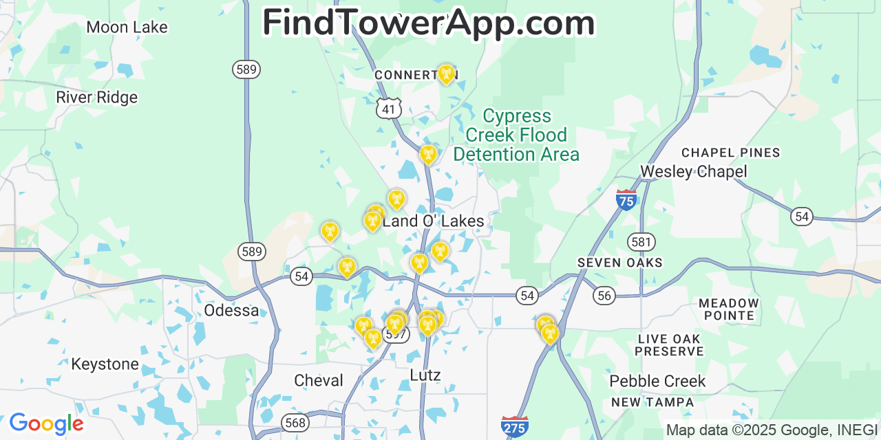 Map showing the 20 primary Verizon cell tower locations detected in Land O  Lakes, Florida with coverage radius and signal strength indicators