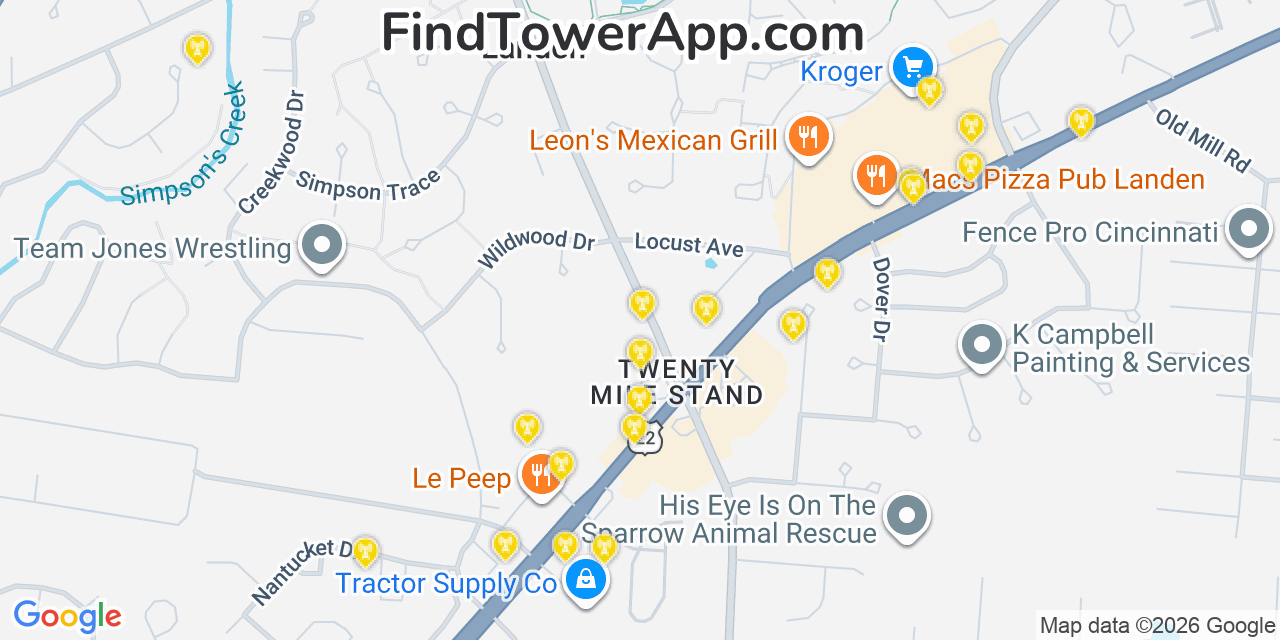Map showing the 20 primary cell tower locations detected in Landen, Ohio from AT&T, Verizon, and T-Mobile networks