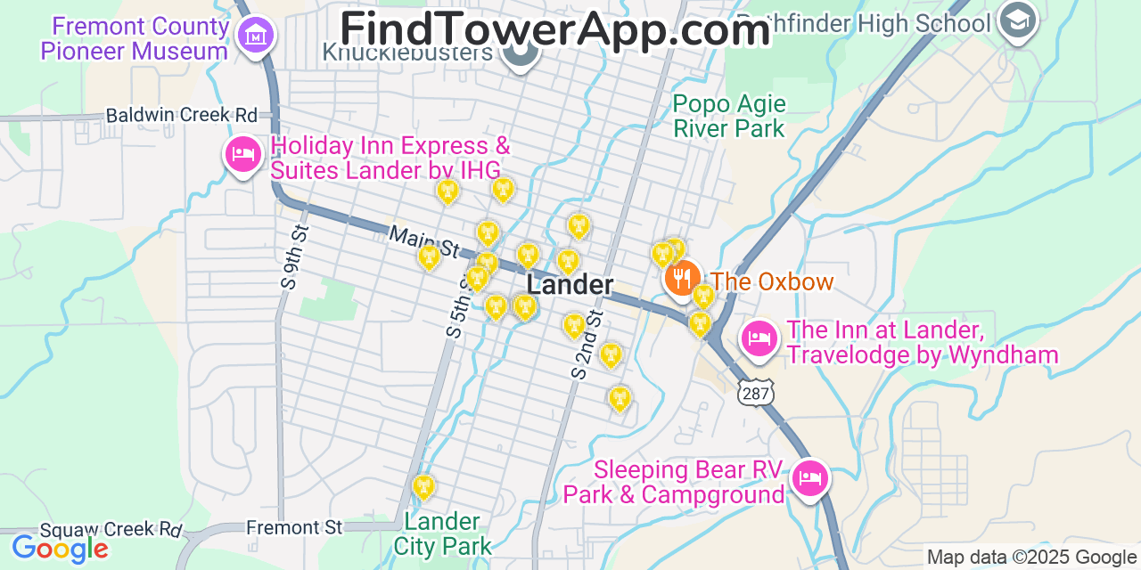 Map showing the 20 primary cell tower locations detected in Lander, Wyoming from AT&T, Verizon, and T-Mobile networks