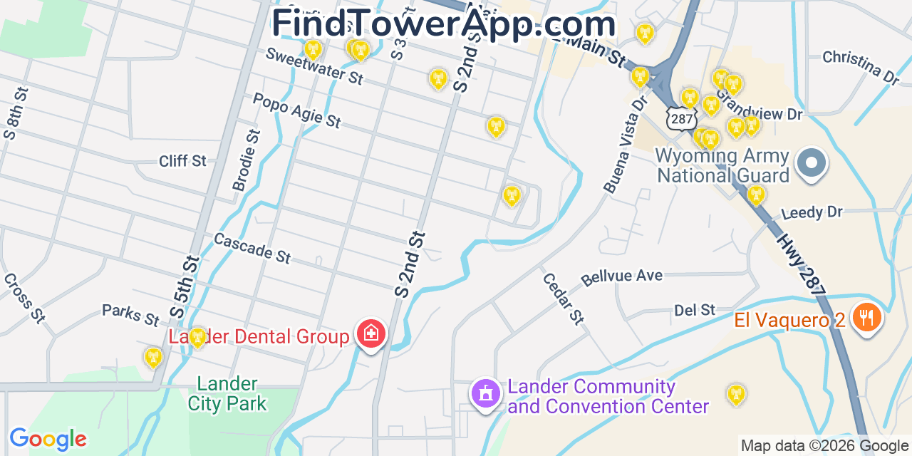 Map showing the 20 primary cell tower locations detected in Lander, Wyoming from AT&T, Verizon, and T-Mobile networks