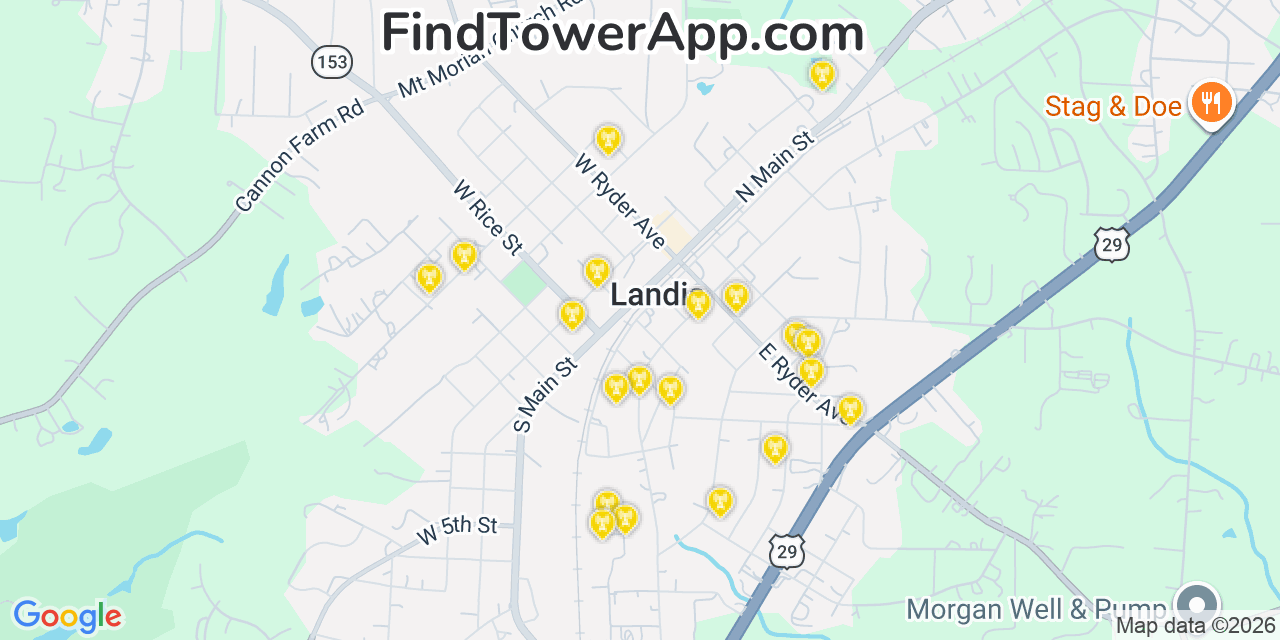 Map showing the 20 primary cell tower locations detected in Landis, North Carolina from AT&T, Verizon, and T-Mobile networks