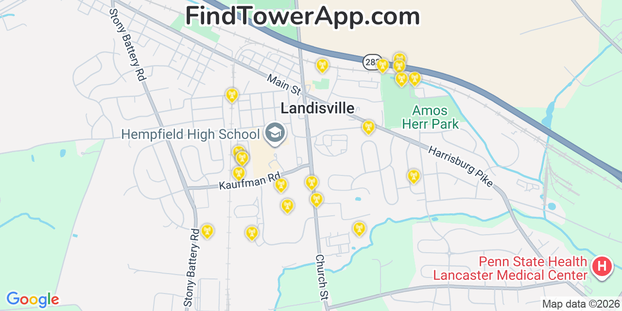 Map showing the 20 primary cell tower locations detected in Landisville, Pennsylvania from AT&T, Verizon, and T-Mobile networks