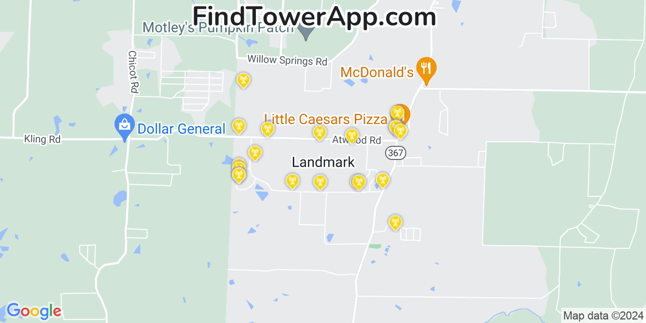 AT&T 4G/5G cell tower coverage map Landmark, Arkansas