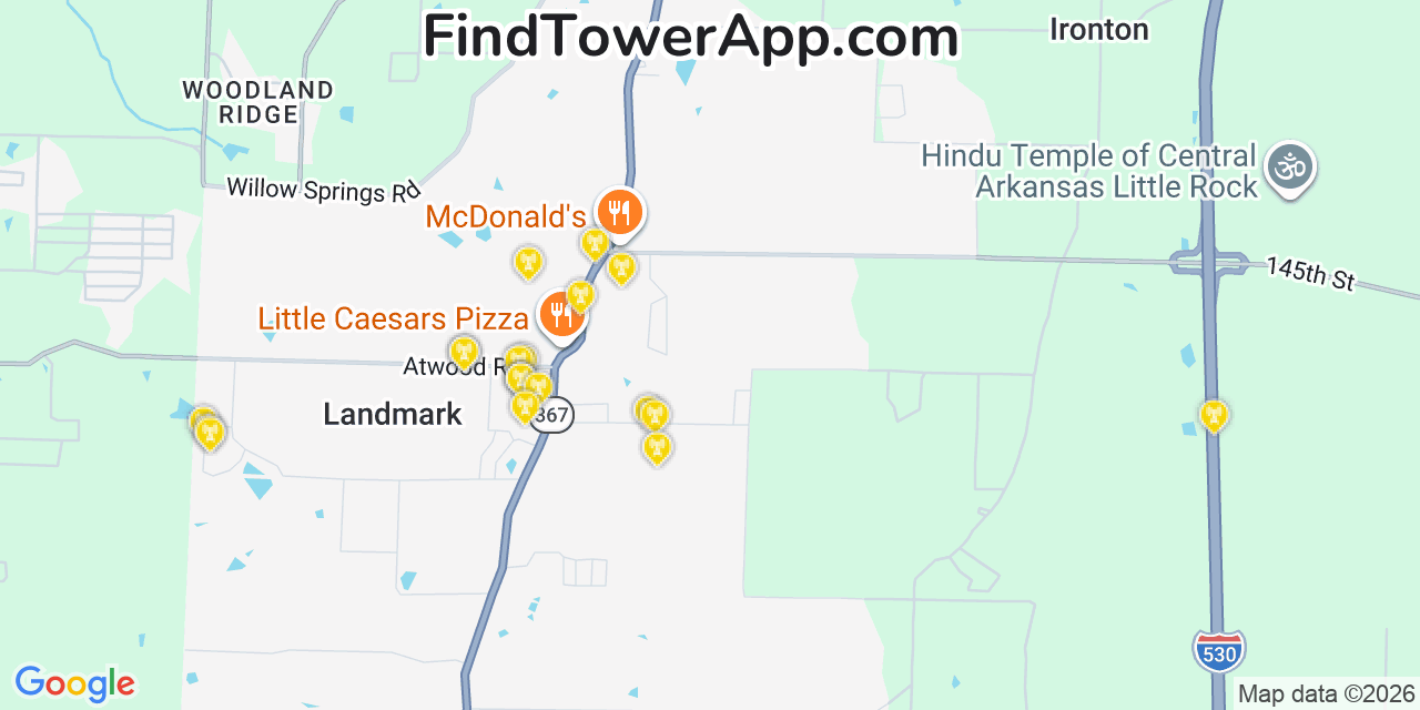 Map showing the 20 primary cell tower locations detected in Landmark, Arkansas from AT&T, Verizon, and T-Mobile networks