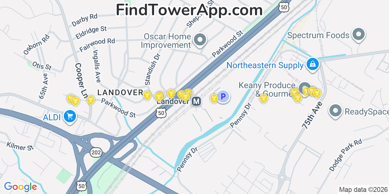 Map showing the 20 primary cell tower locations detected in Landover Hills, Maryland from AT&T, Verizon, and T-Mobile networks