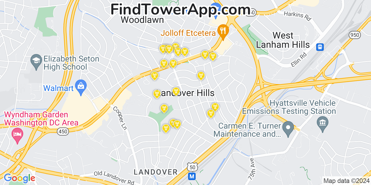 Verizon 4G/5G cell tower coverage map Landover Hills, Maryland