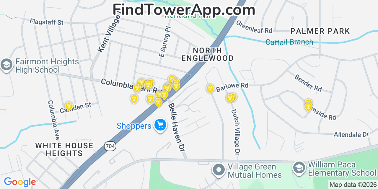 Map showing the 20 primary cell tower locations detected in Landover, Maryland from AT&T, Verizon, and T-Mobile networks