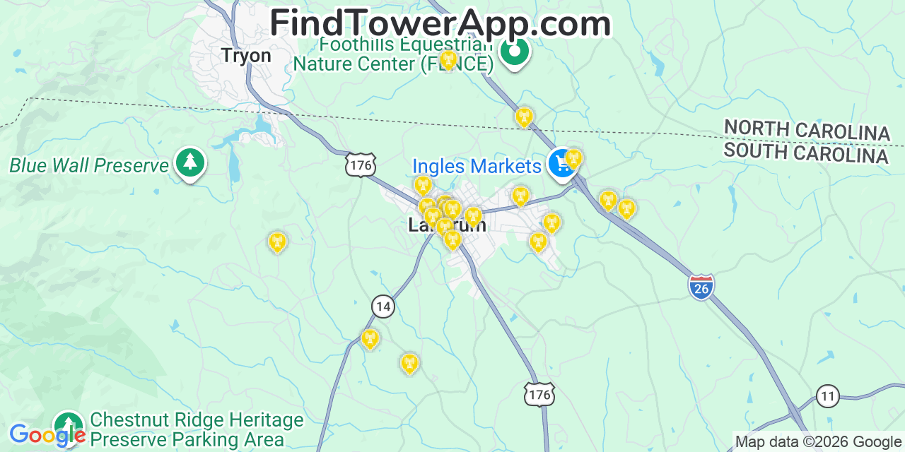 Map showing the 20 primary cell tower locations detected in Landrum, South Carolina from AT&T, Verizon, and T-Mobile networks