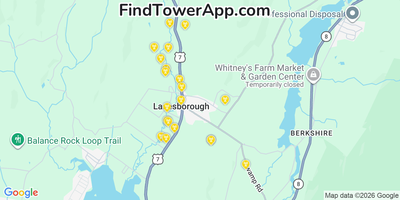 Map showing the 20 primary cell tower locations detected in Lanesborough, Massachusetts from AT&T, Verizon, and T-Mobile networks