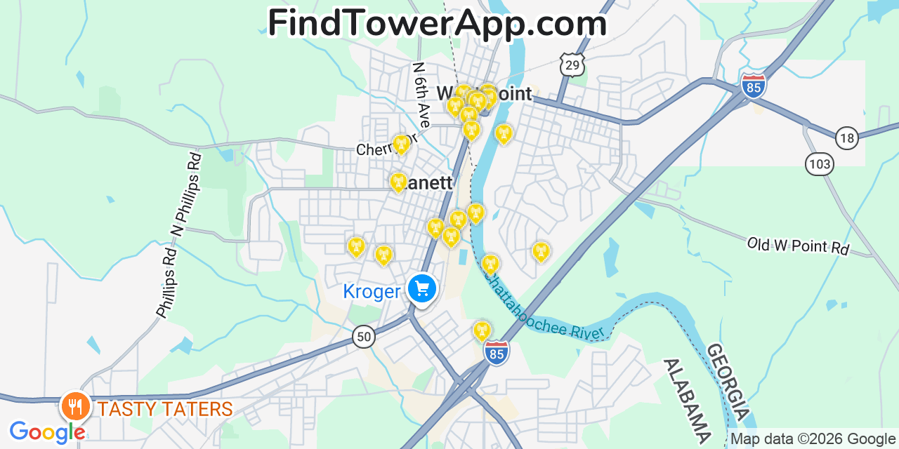 Map showing the 20 primary cell tower locations detected in Lanett, Alabama from AT&T, Verizon, and T-Mobile networks