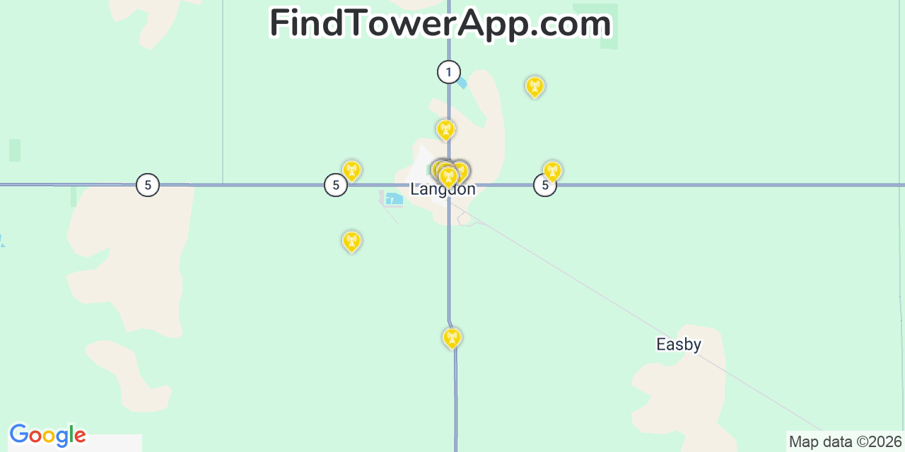 Map showing the 20 primary cell tower locations detected in Langdon, North Dakota from AT&T, Verizon, and T-Mobile networks
