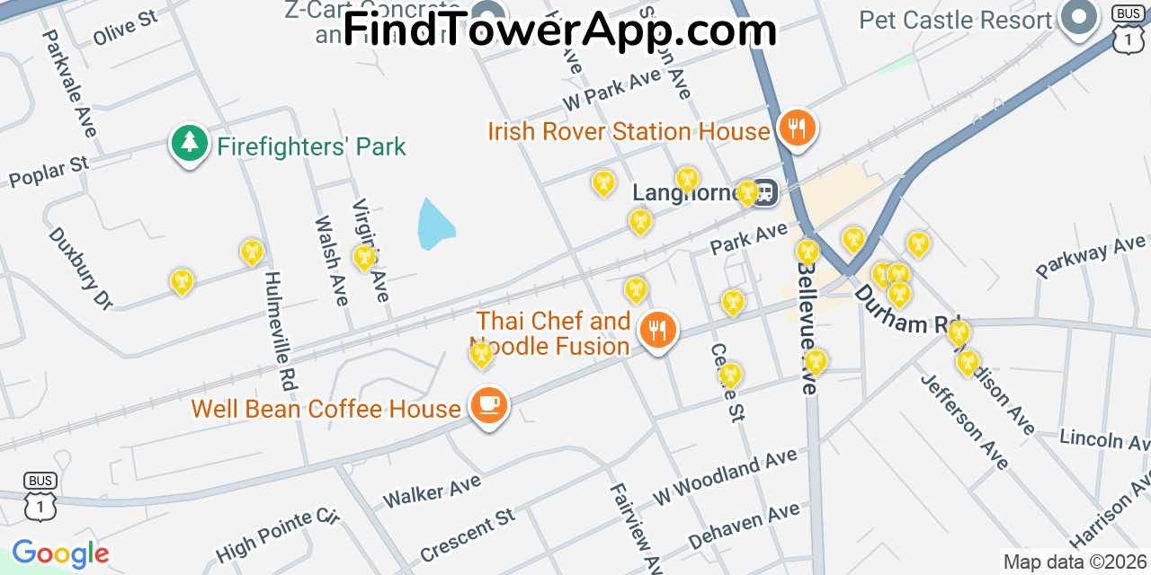 Map showing the 20 primary cell tower locations detected in Langhorne Manor, Pennsylvania from AT&T, Verizon, and T-Mobile networks