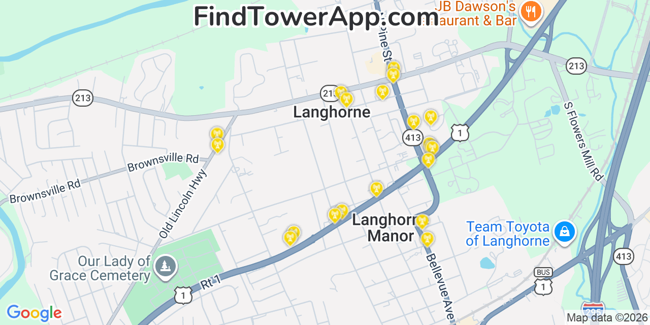 Map showing the 20 primary cell tower locations detected in Langhorne, Pennsylvania from AT&T, Verizon, and T-Mobile networks
