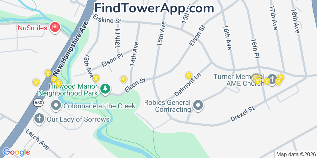 Map showing the 20 primary cell tower locations detected in Langley Park, Maryland from AT&T, Verizon, and T-Mobile networks