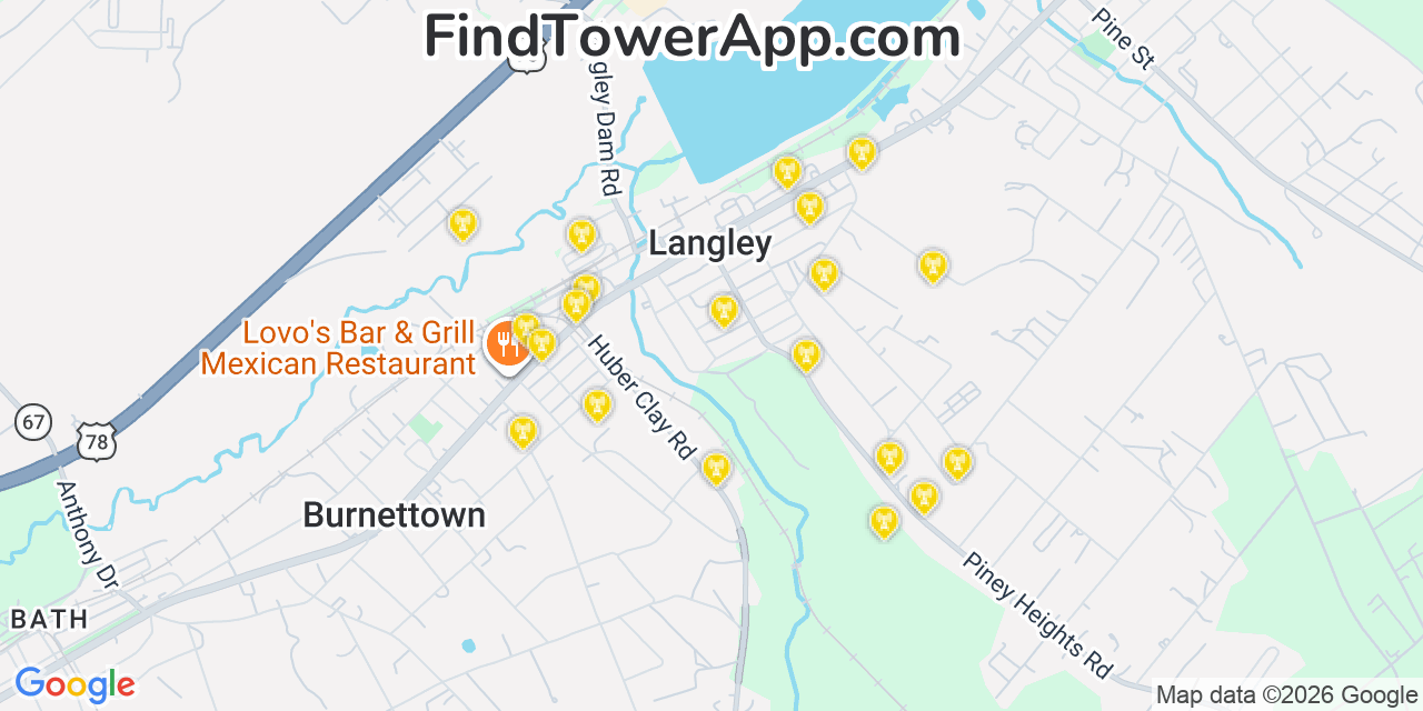 Map showing the 20 primary cell tower locations detected in Langley, South Carolina from AT&T, Verizon, and T-Mobile networks