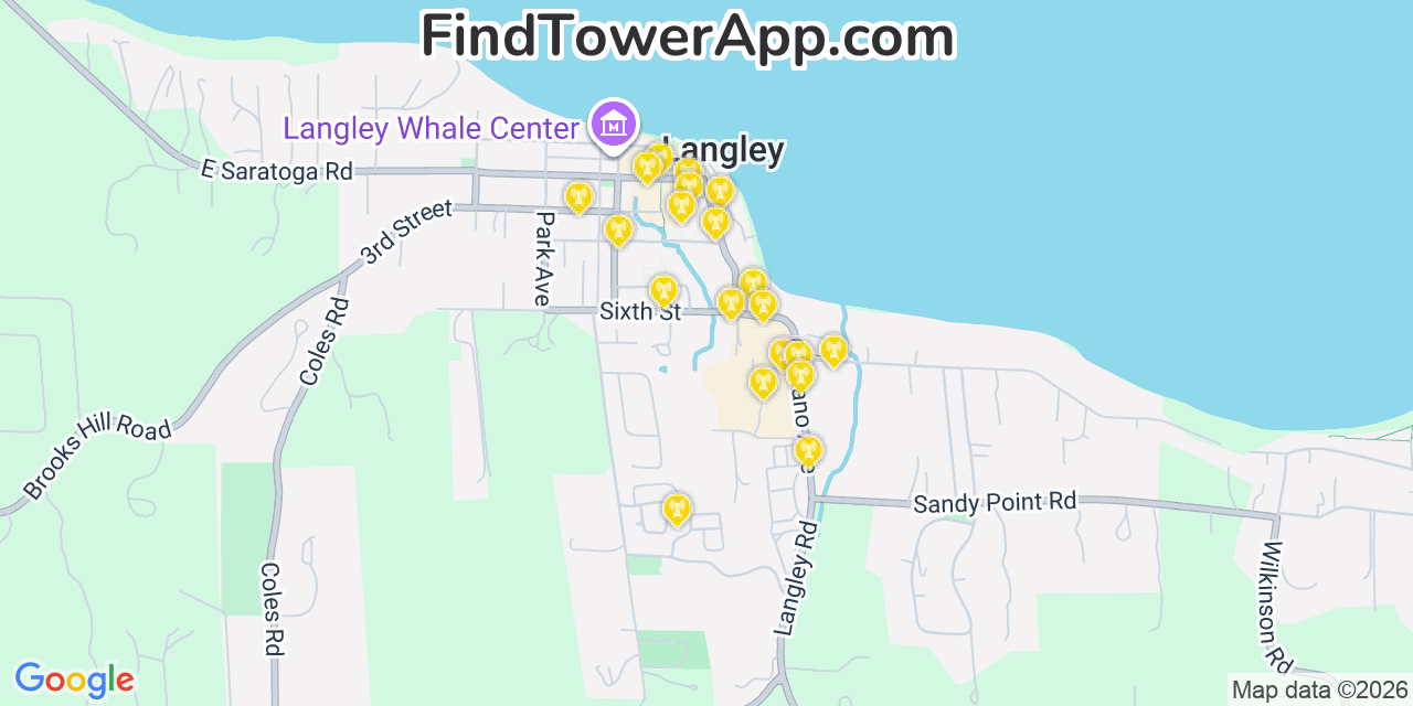Map showing the 20 primary cell tower locations detected in Langley, Washington from AT&T, Verizon, and T-Mobile networks
