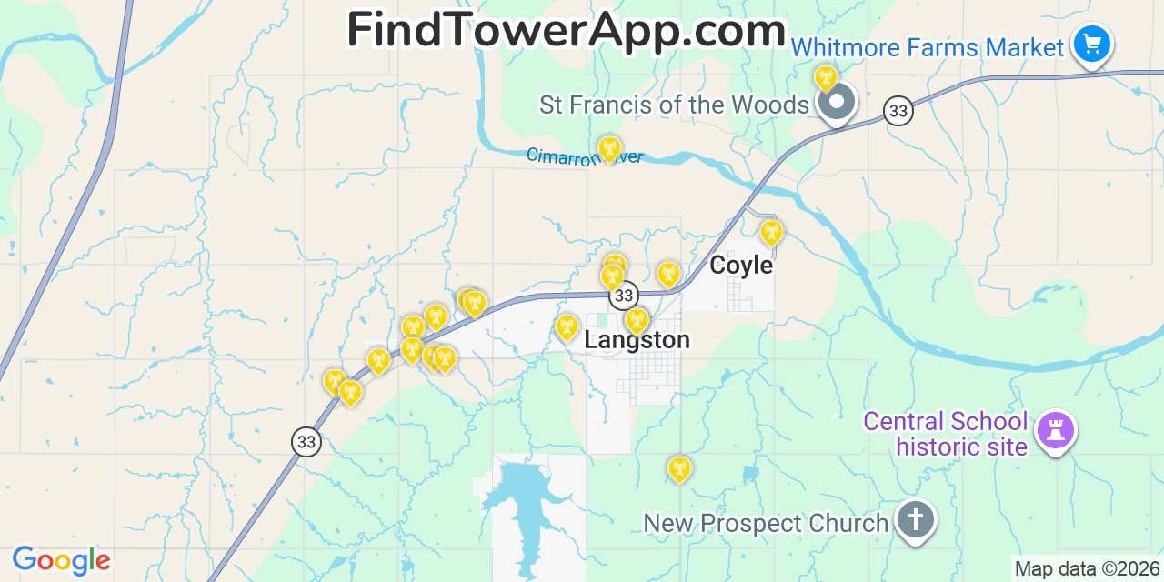 Map showing the 20 primary cell tower locations detected in Langston, Oklahoma from AT&T, Verizon, and T-Mobile networks