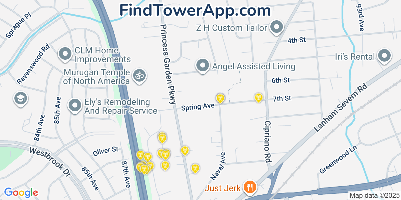 Map showing the 20 primary cell tower locations detected in Lanham, Maryland from AT&T, Verizon, and T-Mobile networks