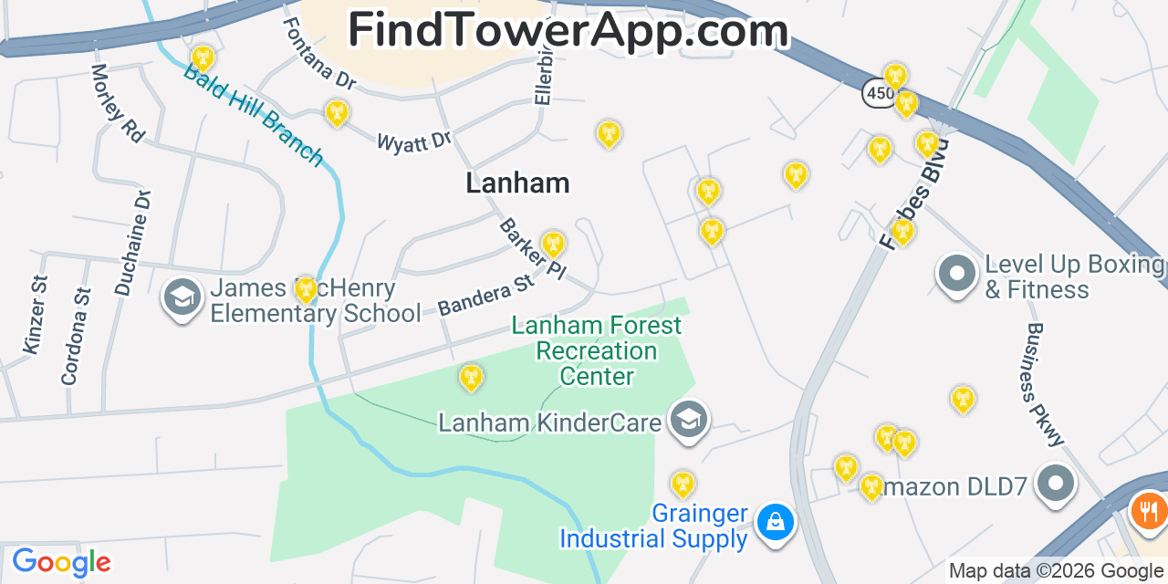 Map showing the 20 primary cell tower locations detected in Lanham, Maryland from AT&T, Verizon, and T-Mobile networks