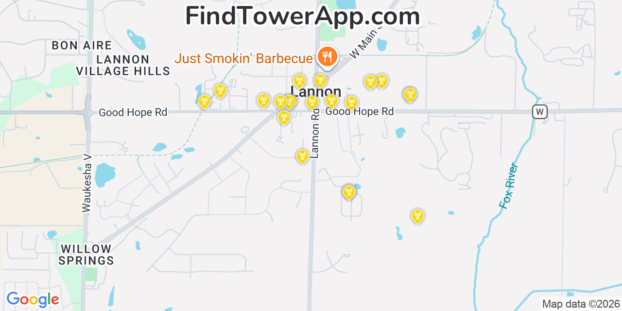 Map showing the 20 primary cell tower locations detected in Lannon, Wisconsin from AT&T, Verizon, and T-Mobile networks