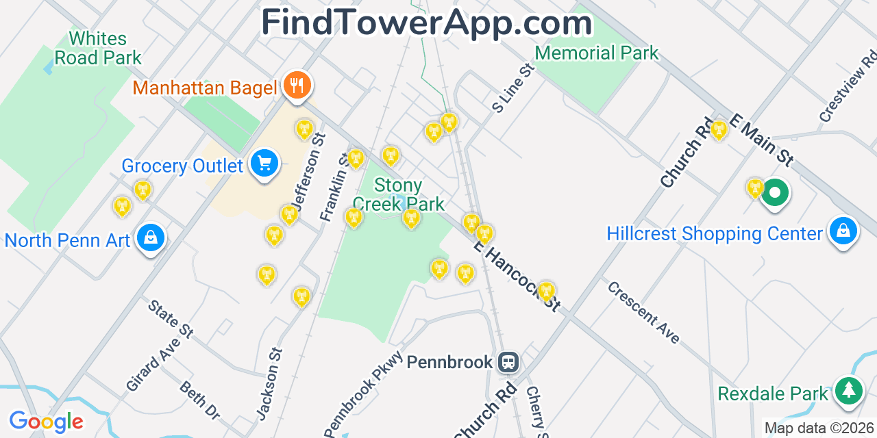 Map showing the 20 primary cell tower locations detected in Lansdale, Pennsylvania from AT&T, Verizon, and T-Mobile networks