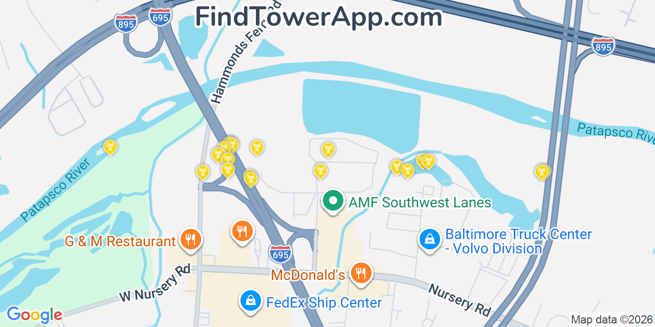 Map showing the 20 primary cell tower locations detected in Lansdowne, Maryland from AT&T, Verizon, and T-Mobile networks
