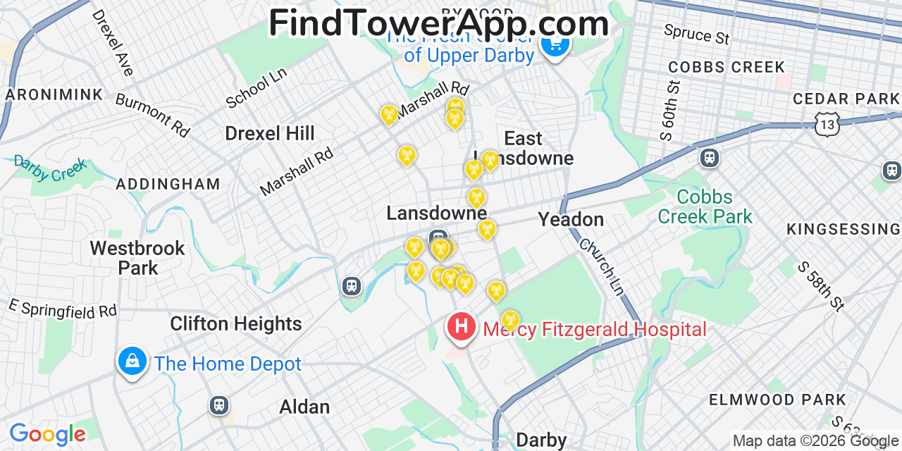 Map showing the 20 primary cell tower locations detected in Lansdowne, Pennsylvania from AT&T, Verizon, and T-Mobile networks