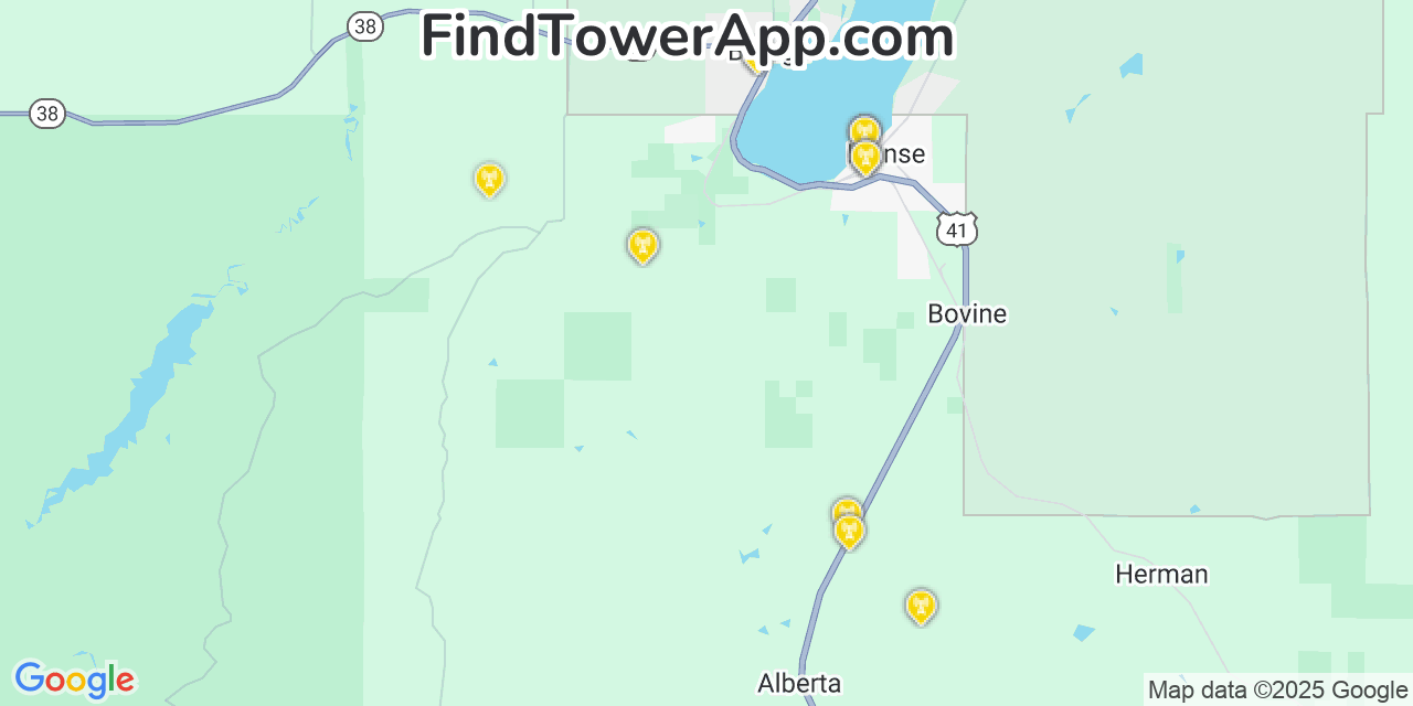 Map showing the 20 primary T-Mobile cell tower locations detected in Lanse, Michigan with coverage radius and signal strength indicators