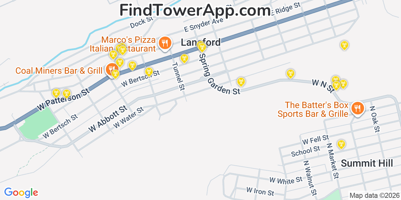Map showing the 20 primary cell tower locations detected in Lansford, Pennsylvania from AT&T, Verizon, and T-Mobile networks