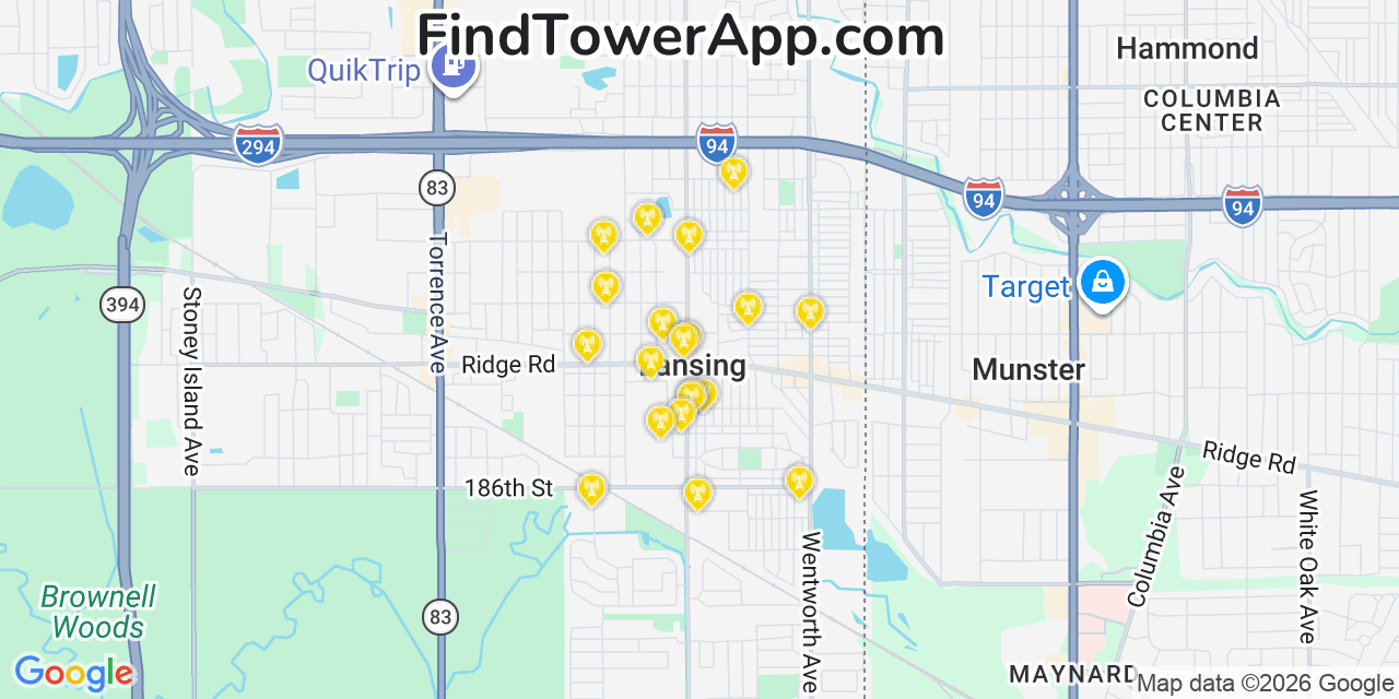 Map showing the 20 primary cell tower locations detected in Lansing, Illinois from AT&T, Verizon, and T-Mobile networks