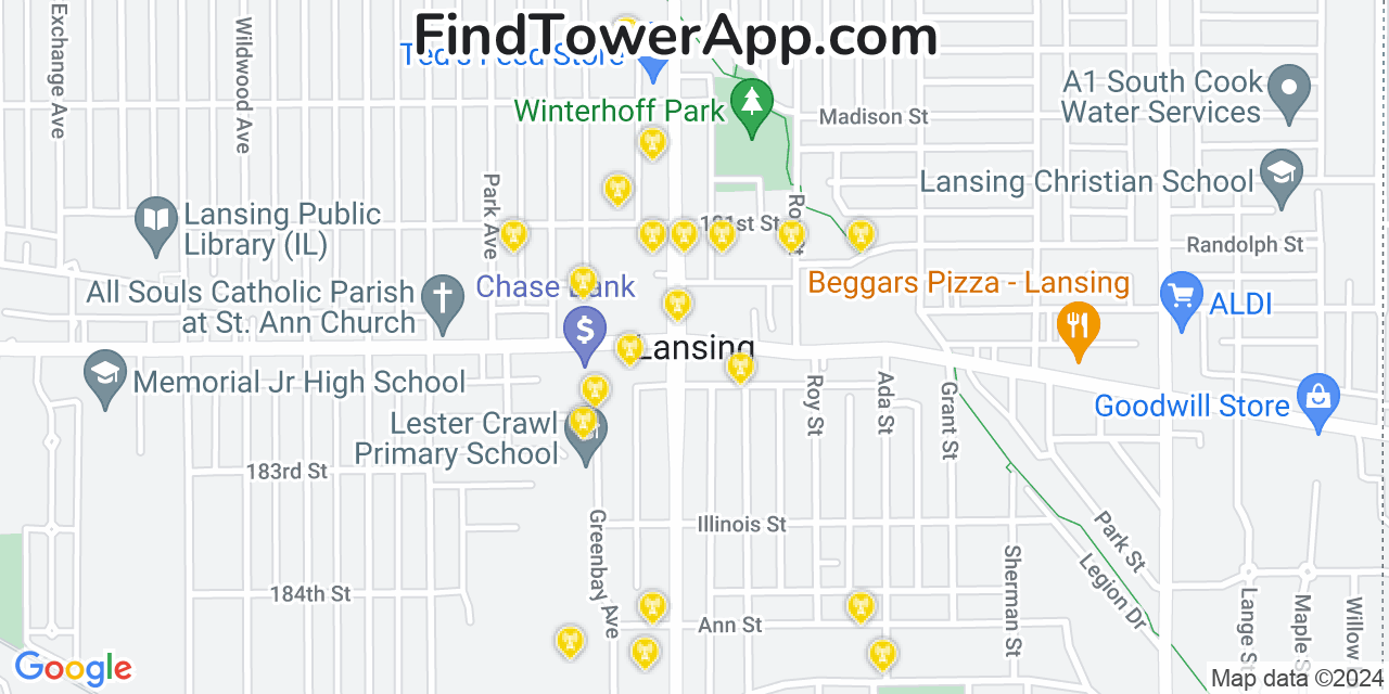 Verizon 4G/5G cell tower coverage map Lansing, Illinois