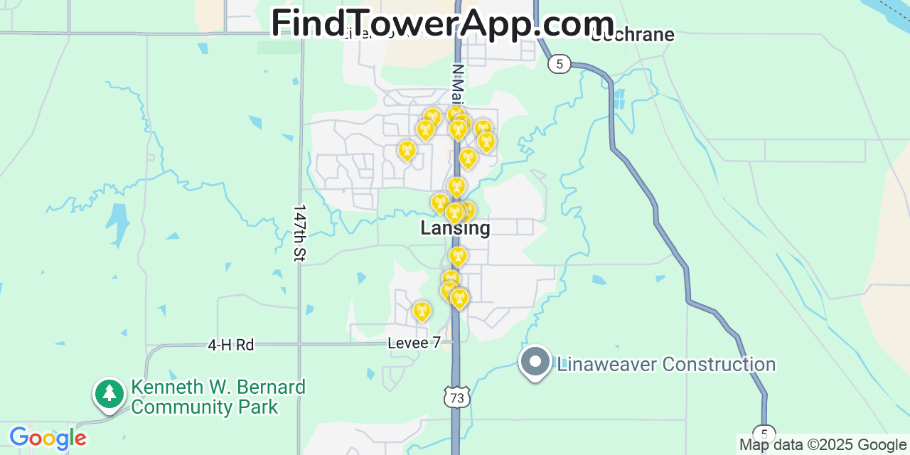 Map showing the 20 primary cell tower locations detected in Lansing, Kansas from AT&T, Verizon, and T-Mobile networks