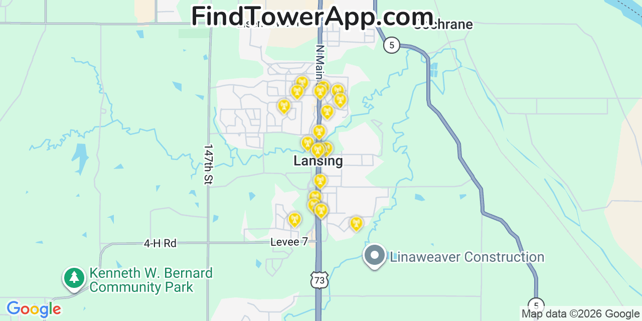Map showing the 20 primary cell tower locations detected in Lansing, Kansas from AT&T, Verizon, and T-Mobile networks