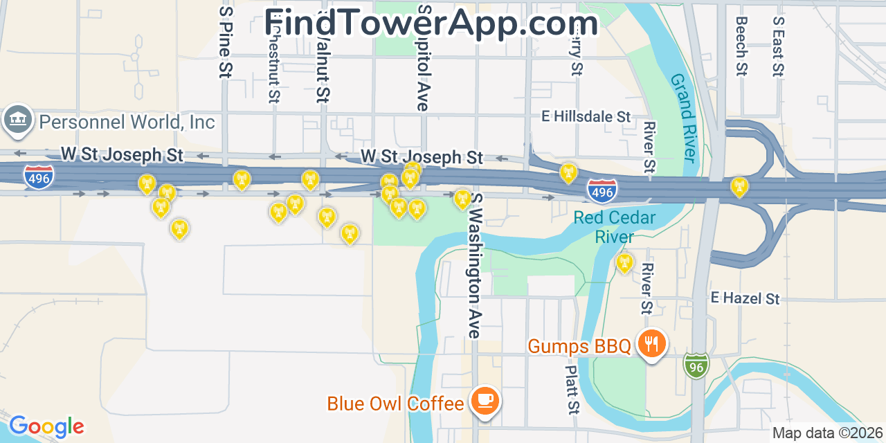 Map showing the 20 primary cell tower locations detected in Lansing, Michigan from AT&T, Verizon, and T-Mobile networks