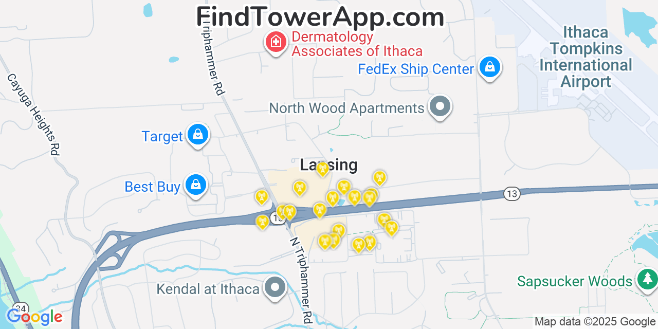 Map showing the 20 primary cell tower locations detected in Lansing, New York from AT&T, Verizon, and T-Mobile networks