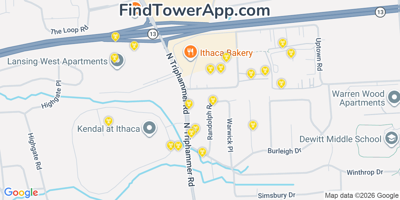 Map showing the 20 primary cell tower locations detected in Lansing, New York from AT&T, Verizon, and T-Mobile networks