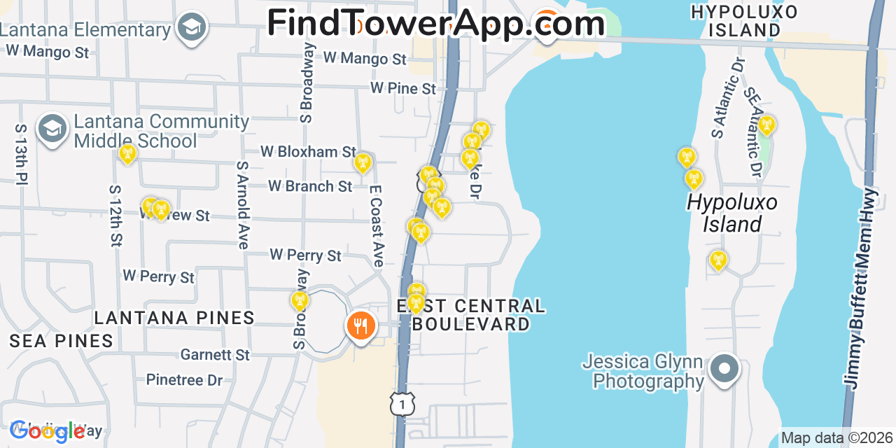 Map showing the 20 primary cell tower locations detected in Lantana, Florida from AT&T, Verizon, and T-Mobile networks