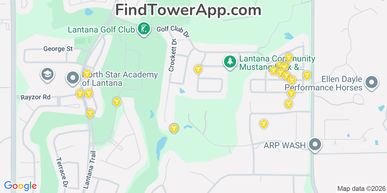 Map showing the 20 primary cell tower locations detected in Lantana, Texas from AT&T, Verizon, and T-Mobile networks