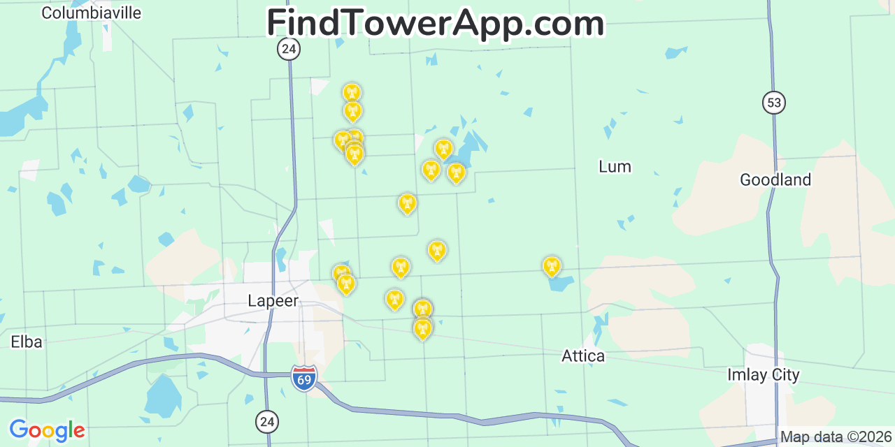 Map showing the 20 primary cell tower locations detected in Lapeer, Michigan from AT&T, Verizon, and T-Mobile networks