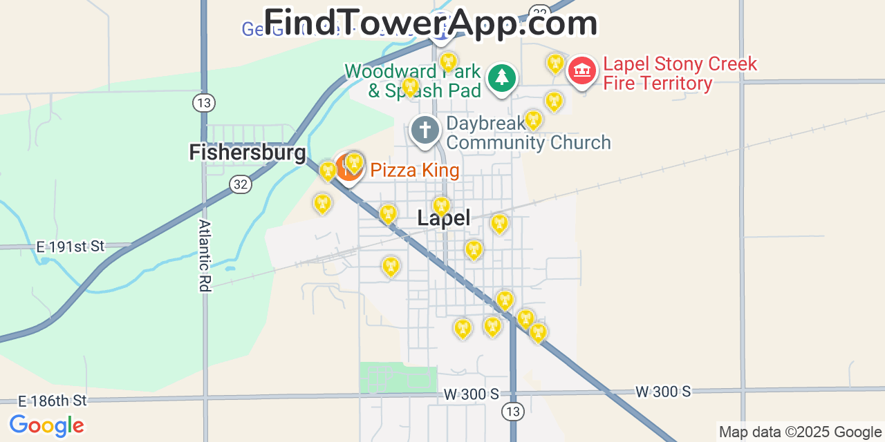Map showing the 20 primary cell tower locations detected in Lapel, Indiana from AT&T, Verizon, and T-Mobile networks