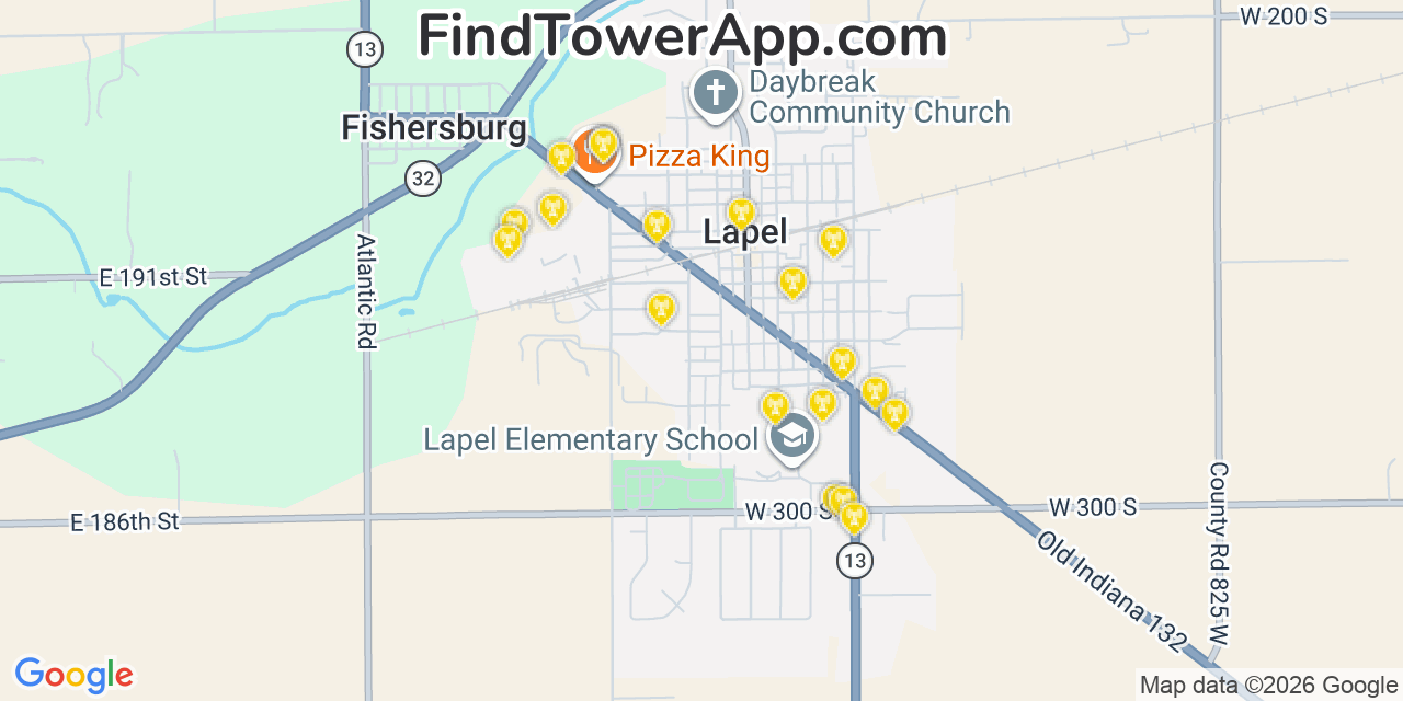 Map showing the 20 primary cell tower locations detected in Lapel, Indiana from AT&T, Verizon, and T-Mobile networks