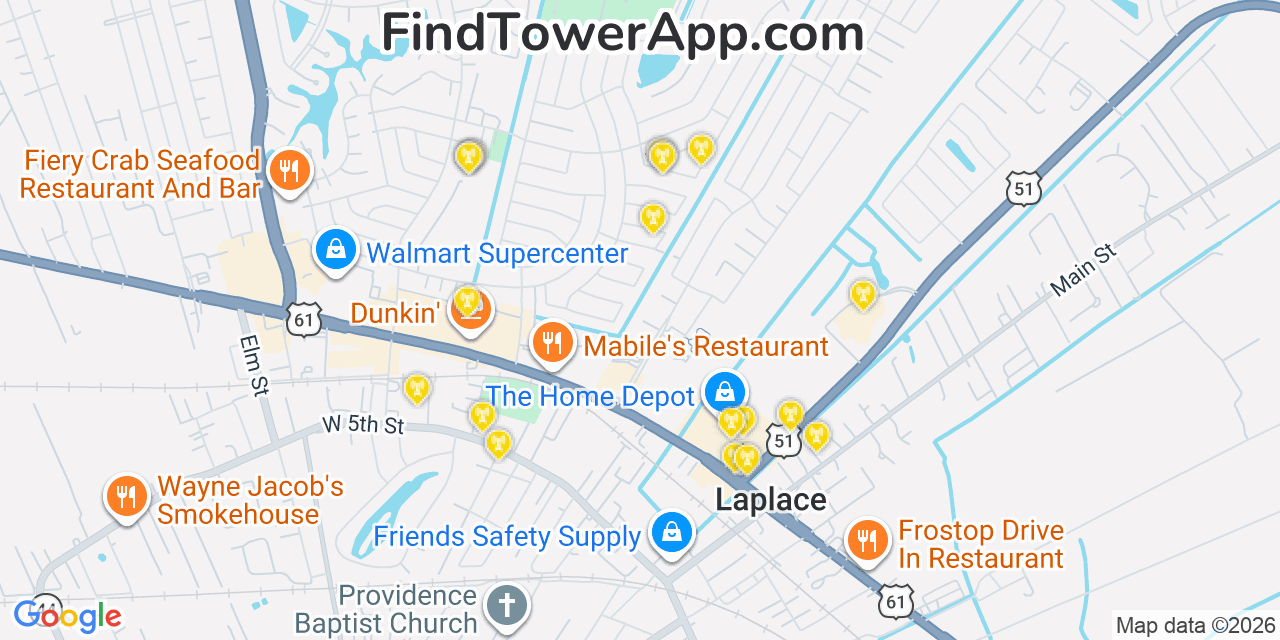 Map showing the 20 primary cell tower locations detected in Laplace, Louisiana from AT&T, Verizon, and T-Mobile networks
