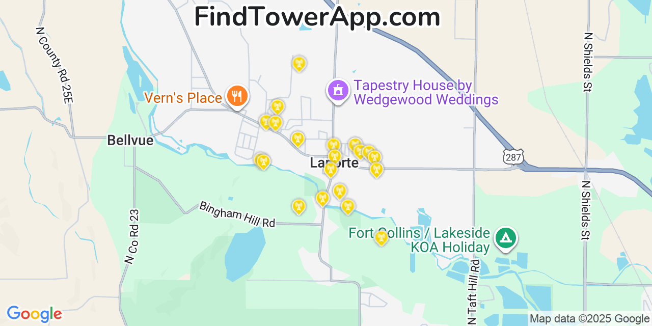 Map showing the 20 primary cell tower locations detected in Laporte, Colorado from AT&T, Verizon, and T-Mobile networks