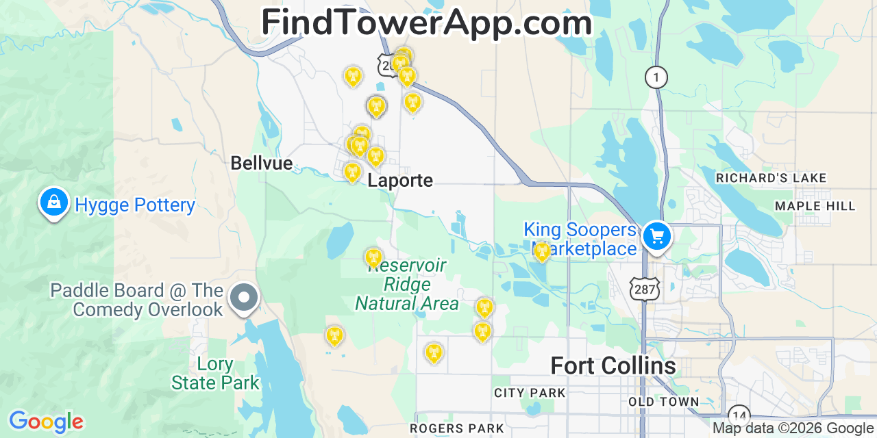 Map showing the 20 primary cell tower locations detected in Laporte, Colorado from AT&T, Verizon, and T-Mobile networks