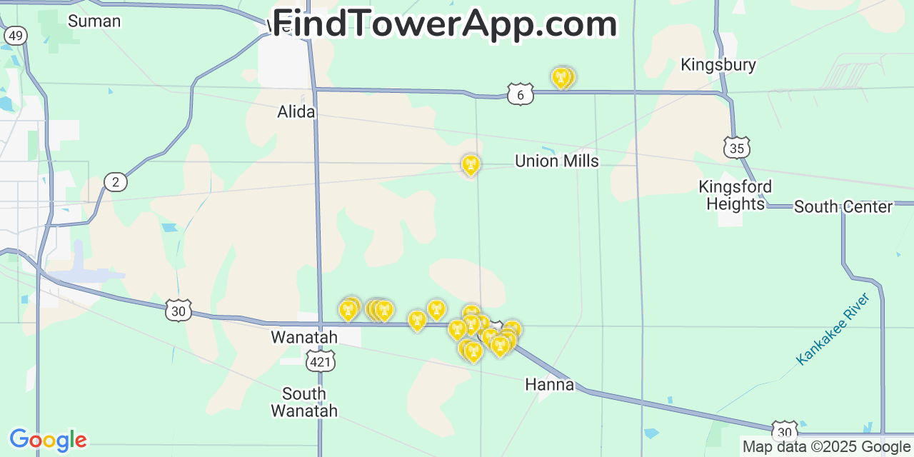 Map showing the 23 primary AT&T cell tower locations detected in Laporte, Indiana with coverage radius and signal strength indicators
