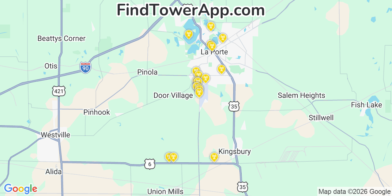 Map showing the 20 primary cell tower locations detected in Laporte, Indiana from AT&T, Verizon, and T-Mobile networks
