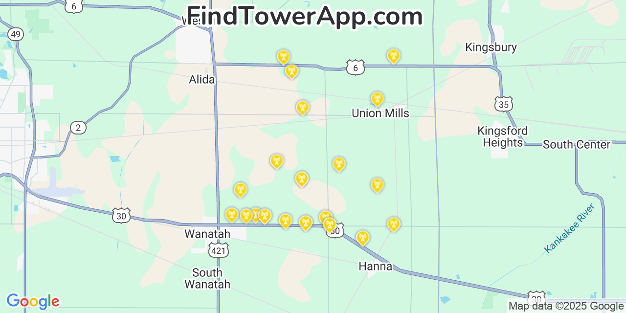 Map showing the 23 primary T-Mobile cell tower locations detected in Laporte, Indiana with coverage radius and signal strength indicators