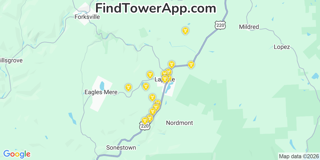 Map showing the 20 primary cell tower locations detected in Laporte, Pennsylvania from AT&T, Verizon, and T-Mobile networks